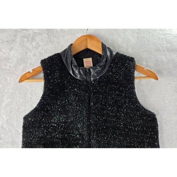 Girls Faded Glory Vest Large Faux Black Fuzzy Fur Silver Threads Puffer Back Qui - Picture 3 of 13